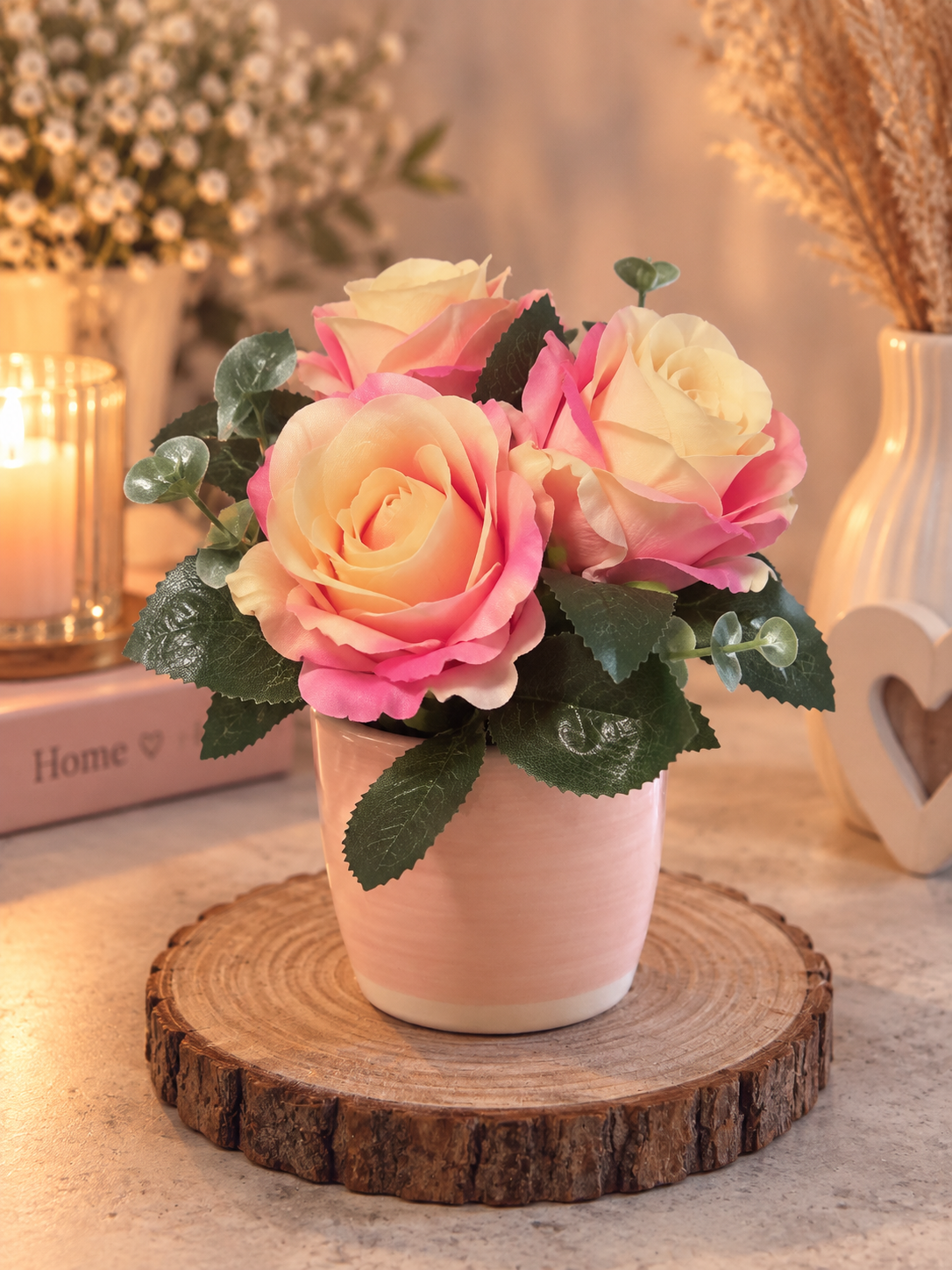 Composition Florale Éternelle en Céramique et 3 Roses